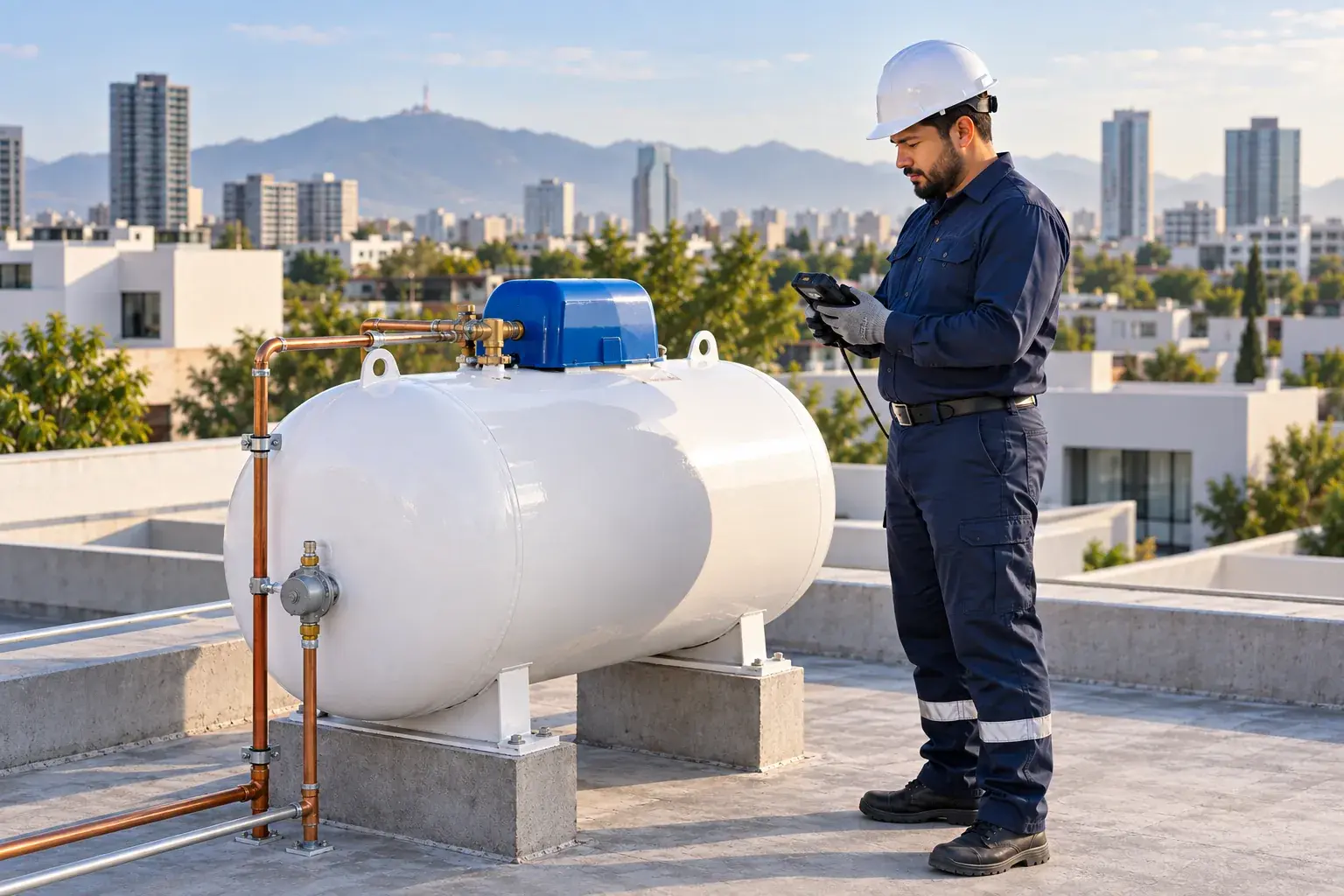 Imagen ilustrativa de un técnico revisando la instalación de un tanque estacionario