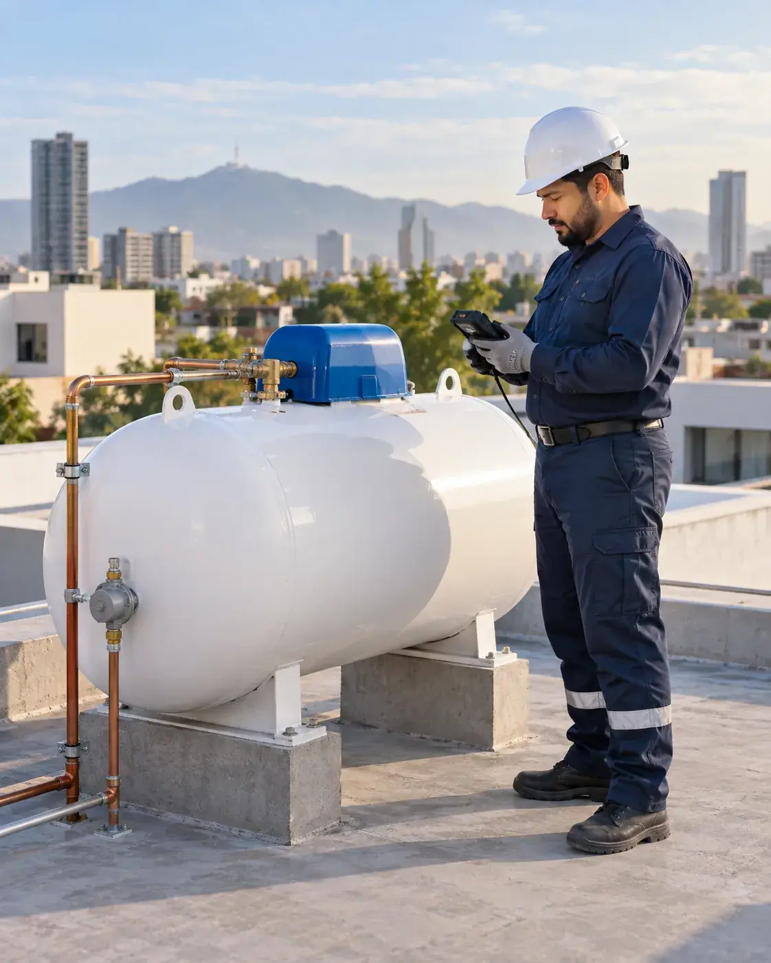 Imagen ilustrativa de un técnico revisando un tanque estacionario en la azotea de un edificio