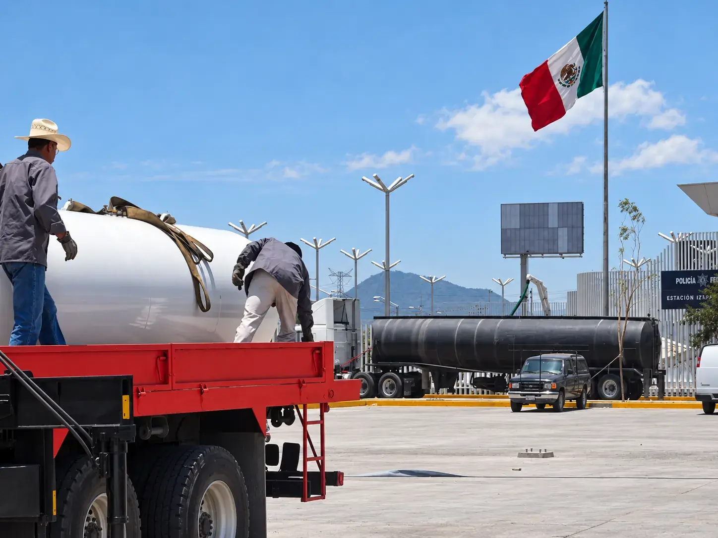 Dos técnicos asegurando con eslingas un tanque estacionario sobre la plataforma de un camión